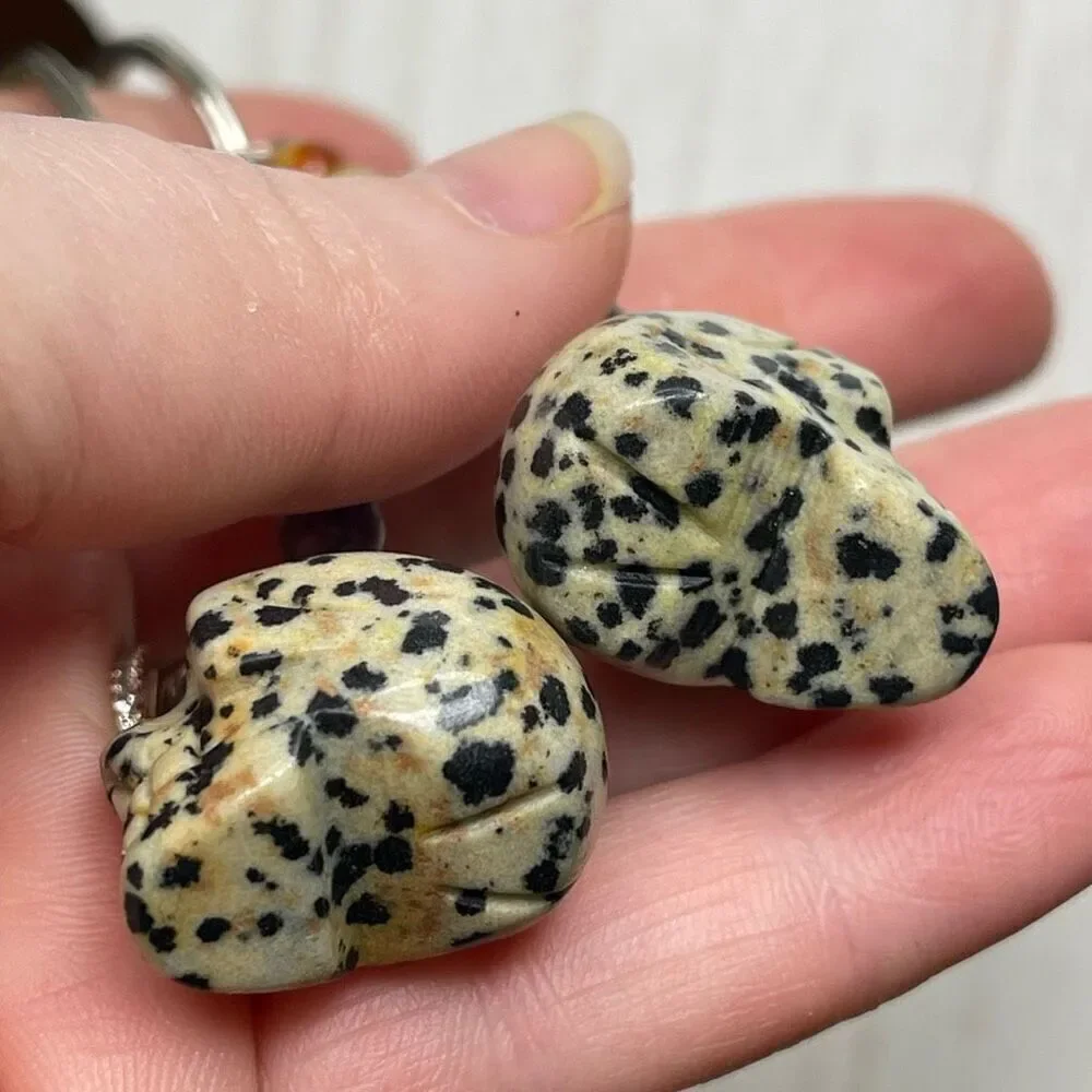 Dalmatian jasper skull carving key chain key ring 7 chakra beads rainbow